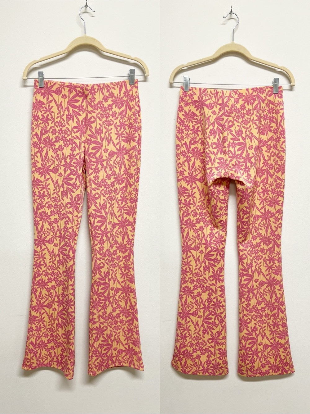Zara Womens Orange and Pink Floral Retro Print Flared Jacquard Knit Leggings